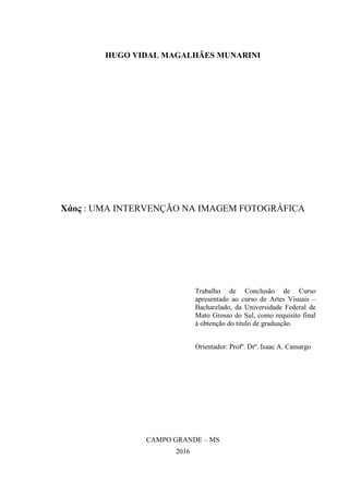 HUGO VIDAL MAGALHÃES MUNARINI
Χάος : UMA INTERVENÇÃO NA IMAGEM FOTOGRÁFICA
Trabalho de Conclusão de Curso
apresentado ao curso de Artes Visuais –
Bacharelado, da Universidade Federal de
Mato Grosso do Sul, como requisito final
à obtenção do titulo de graduação.
Orientador: Profº. Drº. Isaac A. Camargo
CAMPO GRANDE – MS
2016
 