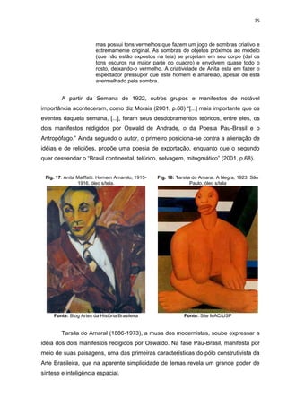 25
mas possui tons vermelhos que fazem um jogo de sombras criativo e
extremamente original. As sombras de objetos próximos ao modelo
(que não estão expostos na tela) se projetam em seu corpo (daí os
tons escuros na maior parte do quadro) e envolvem quase todo o
rosto, deixando-o vermelho. A criatividade de Anita está em fazer o
espectador pressupor que este homem é amarelão, apesar de está
avermelhado pela sombra.
A partir da Semana de 1922, outros grupos e manifestos de notável
importância aconteceram, como diz Morais (2001, p.68) “[...] mais importante que os
eventos daquela semana, [...], foram seus desdobramentos teóricos, entre eles, os
dois manifestos redigidos por Oswald de Andrade, o da Poesia Pau-Brasil e o
Antropófago.” Ainda segundo o autor, o primeiro posiciona-se contra a alienação de
idéias e de religiões, propõe uma poesia de exportação, enquanto que o segundo
quer desvendar o “Brasil continental, telúrico, selvagem, mitogmático” (2001, p.68).
Fig. 17: Anita Malffatti. Homem Amarelo, 1915-
1916, óleo s/tela.
Fonte: Blog Artes da História Brasileira
Fig. 18: Tarsila do Amaral. A Negra, 1923. São
Paulo, óleo s/tela
Fonte: Site MAC/USP
Tarsila do Amaral (1886-1973), a musa dos modernistas, soube expressar a
idéia dos dois manifestos redigidos por Oswaldo. Na fase Pau-Brasil, manifesta por
meio de suas paisagens, uma das primeiras características do pólo construtivista da
Arte Brasileira, que na aparente simplicidade de temas revela um grande poder de
síntese e inteligência espacial.
 