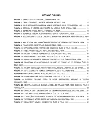 LISTA DE FIGURAS
FIGURA 1: MARRY CASSAT. O BANHO, ÓLEO S/ TELA 1891........................................................ 12
FIGURA 2: CAMILLE CLAUDEL. A IDADE MADURA, BRONZE, 1898 ............................................. 12
FIGURA 3: JULIA MARGARET CAMERON. MINHA SOBRINHA JULIA, FOTOGRAFIA, 1867 ........ 13
FIGURA 4: GEORGIA O’ KEEFFE. ABSTRAÇÃO EM NEGRO, ÓLEO S/TELA, 1924 ..................... 13
FIGURA 5: GERMAINE KRULL. METAL, FOTOGRAFIA, 1927 ......................................................... 14
FIGURA 6: BERENICE ABBOTT. FULTON STREET DOCK, FOTOGRAFIA, 1935 .......................... 14
FIGURA 7: SUZZANE LACY, LESLIE LABOWITZ. EM LUTO E EM FÚRIA, PERFORMANCE, 1977
.............................................................................................................................................................. 16
FIGURA 8: NAN GOLDIN. NAN, UM MÊS APÓS TER SIDO GOLPEADA, FOTOGRAFIA, 1984 .... 16
FIGURA 9: PAULA REGO. SEM TÍTULO, ÓLEO S/ TELA, 1998 ...................................................... 17
FIGURA 10: MARIA IZQUIERDO. VIERNES DE DOLORES, ÓLEO S/ TELA, 1944-45 ................... 19
FIGURA 11: FRIDA KAHLO. COLUNA ROTA, ÓLEO S/ TELA, 1944 ............................................... 19
FIGURA 12: RAQUEL FORNER. RETÁBULO DA DOR, ÓLEO S/ TELA, 1942 ................................ 20
FIGURA 13: AMELIA PELAEZ DEL CASAL. PEIXES, ÓLEO S/ TELA, 1943 .................................... 20
FIGURA 14: ABIGAIL DE ANDRADE. UM CANTO DO MEU ATELIE, ÓLEO S/ TELA, 1884 ........... 22
FIGURA 15: GEORGINA DE ALBUQUERQUE. SESSÃO DO CONSELHO DO ESTADO, ÓLEO S/
TELA, 1922 .......................................................................................................................................... 22
FIGURA 16: JULIETA DE FRANÇA. PROJETO DE MONUMENTO A RÉPUBLICA DO BRASIL .... 23
FIGURA 17: ANITA MALFFATTI. HOMEM AMARELO, ÓLEO S/ TELA 1915-1916 .......................... 25
FGURA 18: TARSILA DO AMARAL. A NEGRA, ÓLEO S/ TELA, 1923 ............................................. 25
FIGURA 19: DJANIRA MOTTA E SILVA, SANTANA DE PÉ. ÓLEO S/ TELA ................................... 27
FIGURA 20: ROSANA PAULINO. OBRA DA SÉRIE BASTIDORES, XEROXO S/ TECIDO
BORDADO, 1997 ................................................................................................................................. 27
FIGURA 21: ADRIANA VAREJÃO. CARNE À MODA DE FRANS POST, 1996. ÓLEO S/ TELA E
PORCELANA. ...................................................................................................................................... 28
FIGURA 22: CRIOULA. ORÍ – A RAIZ NEGRA É A MESMA QUE FLORESCE, GRAFITE, 2015 .... 29
FIGURA 23: LYDIA BAÍS. ALEGORIA PROFÉTICA, ÓLEO S/ TELA, 1930 ...................................... 31
FIGURA 24: CONCEIÇÃO DOS BUGRES. BUGRES, ESCULTURA EM MADEIRA, SEM DATA .... 31
FIGURA 25: THEREZINHA NÉDER. MOÇA NA VARANDA, ÓLEO S/ TELA, 1981 .......................... 32
FIGURA 27: WEGA NERY. NOVOS HORIZONTES, ÓLEO S/ TELA, 1989 ...................................... 32
 