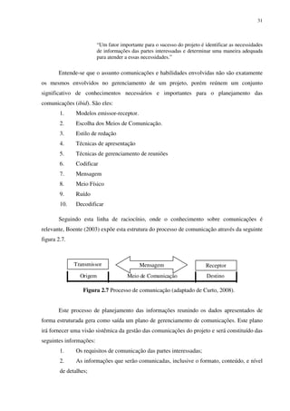 31




                         “Um fator importante para o sucesso do projeto é identificar as necessidades
                         de informações das partes interessadas e determinar uma maneira adequada
                         para atender a essas necessidades.”

       Entende-se que o assunto comunicações e habilidades envolvidas não são exatamente
os mesmos envolvidos no gerenciamento de um projeto, porém reúnem um conjunto
significativo de conhecimentos necessários e importantes para o planejamento das
comunicações (ibid). São eles:
        1.     Modelos emissor-receptor.
        2.     Escolha dos Meios de Comunicação.
        3.     Estilo de redação
        4.     Técnicas de apresentação
        5.     Técnicas de gerenciamento de reuniões
        6.     Codificar
        7.     Mensagem
        8.     Meio Físico
        9.     Ruído
        10.    Decodificar

       Seguindo esta linha de raciocínio, onde o conhecimento sobre comunicações é
relevante, Boente (2003) expõe esta estrutura do processo de comunicação através da seguinte
figura 2.7.



              Transmissor                   Mensagem                       Receptor
                Origem                Meio de Comunicação                  Destino

                  Figura 2.7 Processo de comunicação (adaptado de Curto, 2008).


       Este processo de planejamento das informações reunindo os dados apresentados de
forma estruturada gera como saída um plano de gerenciamento de comunicações. Este plano
irá fornecer uma visão sistêmica da gestão das comunicações do projeto e será constituído das
seguintes informações:
        1.     Os requisitos de comunicação das partes interessadas;
        2.     As informações que serão comunicadas, inclusive o formato, conteúdo, e nível
        de detalhes;
 