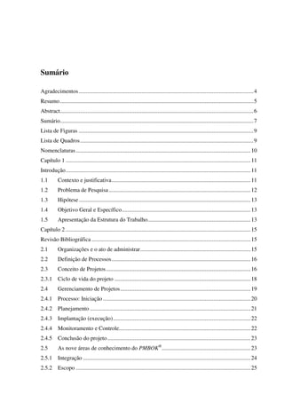 Sumário

Agradecimentos .......................................................................................................................... 4
Resumo ....................................................................................................................................... 5
Abstract ....................................................................................................................................... 6
Sumário....................................................................................................................................... 7
Lista de Figuras .......................................................................................................................... 9
Lista de Quadros ......................................................................................................................... 9
Nomenclaturas .......................................................................................................................... 10
Capítulo 1 ................................................................................................................................. 11
Introdução ................................................................................................................................. 11
1.1        Contexto e justificativa ................................................................................................. 11
1.2        Problema de Pesquisa ................................................................................................... 12
1.3        Hipótese ........................................................................................................................ 13
1.4        Objetivo Geral e Específico .......................................................................................... 13
1.5        Apresentação da Estrutura do Trabalho........................................................................ 13
Capítulo 2 ................................................................................................................................. 15
Revisão Bibliográfica ............................................................................................................... 15
2.1        Organizações e o ato de administrar ............................................................................. 15
2.2        Definição de Processos ................................................................................................. 16
2.3        Conceito de Projetos ..................................................................................................... 16
2.3.1      Ciclo de vida do projeto ............................................................................................... 18
2.4        Gerenciamento de Projetos ........................................................................................... 19
2.4.1      Processo: Iniciação ....................................................................................................... 20
2.4.2      Planejamento ................................................................................................................ 21
2.4.3      Implantação (execução) ................................................................................................ 22
2.4.4      Monitoramento e Controle............................................................................................ 22
2.4.5      Conclusão do projeto .................................................................................................... 23
2.5        As nove áreas de conhecimento do PMBOK® .............................................................. 23
2.5.1      Integração ..................................................................................................................... 24
2.5.2      Escopo .......................................................................................................................... 25
 