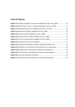 Lista de Figuras
Figura 2.1 Exemplo de equipe de um projeto (adaptado de Chiavenato, 2003). .................... 18
Figura 2.2 Relação entre as fases e o tempo (adaptado de Valle et al. 2007). ........................ 19
Figura 2.3 Integração dos processos (adaptado de Valle et al. 2007). .................................... 20
Figura 2.4 Integração de projetos (adaptado de Curto, 2008). ................................................ 24
Figura 2.5 Escopo do projeto (adaptado de Curto, 2008)........................................................ 25
Figura 2.6 Gerenciamento do tempo (adaptado de Curto, 2008). ........................................... 26
Figura 2.7 Processo de comunicação (adaptado de Curto, 2008)............................................ 31
Figura 4.1 Fluxograma do processo de projetos. ..................................................................... 41
Figura 4.2 Organograma da equipe de projetos (Adaptado da Entrevista). ............................ 44
Figura 4.3 Resultados das características que influenciam na comunicação. ......................... 46
Figura 4.4 Resultado sobre a utilização de relatórios de desempenho. ................................... 48
Figura 4.5 Resultado sobre a disseminação do relatório de desempenho. .............................. 48
Figura 4.6 Fases mais importantes do projeto. ........................................................................ 49
Figura 4.7 Ferramentas mais utilizadas para a comunicação de projetos................................ 50
 