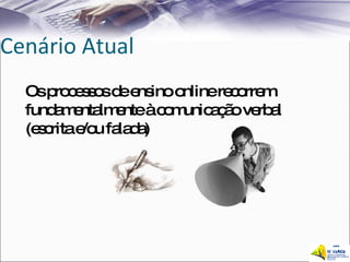 Cenário Atual Os processos de ensino online recorrem  fundamentalmente à comunicação verbal  (escrita e/ou falada)  