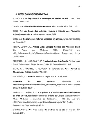 29



   4. REFERÊNCIAS BIBLIOGRÁFICAS:

BARBOSA A. M. Inquietações e mudanças no ensino da arte - 3.ed. - São
Paulo: Cortez, 2007.

BRASIL. Parâmetros Curriculares Nacionais: Arte. Brasília, MEC/ SEF, 1997.

CRUZ, A.J. As Cores dos Artistas. História e Ciência dos Pigmentos
Utilizados em Pintura. Lisboa, Apenas Livros, 2004.

CRUZ, A.J. Os pigmentos naturais utilizados em pintura. Évora, Universidade
de Évora. 2007

FERRAZ JUNIOR.A.J. Alfredo Volpi: Coleção Mestres das Artes no Brasil.
São       Paulo,        ed,      Moderna,        1999.       Disponível     em:
<http://educacao.uol.com.br/biografias/alfredo-volpi.jhtm>. Acesso em: 23 de
outubro de 2011

FERREIRA, I. L. e CALDAS, S. P. S. Atividades na Pré-Escola. Revista Nova
Escola (reformulada). Rio de Janeiro, Edição 18, Editora Saraiva, 1999.

GATTI, T.H., CASTRO, R.; OLIVEIRA, D. Materiais em Arte: Manual de
Manufatura e Prática. Brasília:FAC, 2007

GOMBRICH, E.H. História da arte. 6ª edição. ARCA LTCO, 2008

HISTÓRIA           da         Arte       Medieval.         Disponível       em:
<http://www.girafamania.com.br/historia_arte/historia_artemedieval.html>. Acesso
em 23 de outubro de 2011.

JACOMETTI,L. NUNES,A. L, R. A pintura e o processo de criação no ensino
de artes visuais, realizado no ensino de 8ª série do Colégio Estadual Professor
Mailon Medeiros do município de Bandeirantes – PR. Disponível em:
<http://www.diaadiaeducacao.pr.gov.br/portals/pde/arquivos/1581-8.pdf>.
Acessado em 25 de outubro de 2011.

STRICKLAND, C. Arte Comentada: da pré-história ao pós-modernísmo-RJ-
Ediouro, 2001.
 