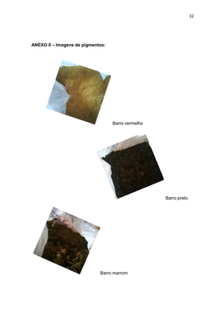 32




ANEXO II – Imagens de pigmentos:




                                   Barro vermelho




                                                    Barro preto




                             Barro marrom
 
