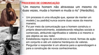 PROCESSO DE COMUNICAÇÃO
“Um mesmo homem não atravessa um mesmo rio
duas vezes, muda o homem e muda o rio” (Heráclito).
•  Um processo é uma situação que, apesar de manter um
modelo [ ou padrão] nunca ocorre duas vezes da mesma
maneira.
•  Foi por meio da comunicação que o homem construiu o
próprio desenvolvimento, estabelecendo relações sociais e
comerciais, atribuindo significados e valores a si mesmo e
aos objetos ao seu redor.
•  Estabeleceu regras de convivência e moral, formas de ação
em conjunto e até um sistema hierárquico de valores.
•  Perguntar e responder é um alicerce para a aprendizagem e
para a construção de novos conhecimentos.
 