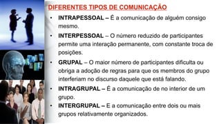 •  INTRAPESSOAL – É a comunicação de alguém consigo
mesmo.
•  INTERPESSOAL – O número reduzido de participantes
permite uma interação permanente, com constante troca de
posições.
•  GRUPAL – O maior número de participantes dificulta ou
obriga a adoção de regras para que os membros do grupo
interferiam no discurso daquele que está falando.
•  INTRAGRUPAL – É a comunicação de no interior de um
grupo.
•  INTERGRUPAL – E a comunicação entre dois ou mais
grupos relativamente organizados.
 