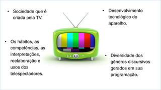 •  Desenvolvimento
tecnológico do
aparelho.
•  Sociedade que é
criada pela TV.
•  Os hábitos, as
competências, as
interpretações,
reelaboração e
usos dos
telespectadores.
•  Diversidade dos
gêneros discursivos
gerados em sua
programação.
 