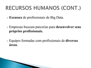  Escassez de profissionais de Big Data.
 Empresas buscam parcerias para desenvolver seus
próprios profissionais.
 Equipes formadas com profissionais de diversas
áreas.
 