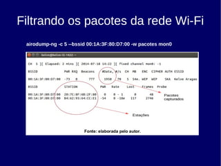 Filtrando os pacotes da rede Wi-Fi
airodump-ng -c 5 --bssid 00:1A:3F:80:D7:00 -w pacotes mon0
 