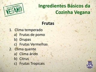 Ingredientes Básicos da
Cozinha Vegana
Frutas
1. Clima temperado
a) Frutas de pomo
b) Drupas
c) Frutas Vermelhas
2. Clima quente
a) Clima árido
b) Citrus
c) Frutas Tropicais
 