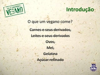 Introdução
O que um vegano come?
Carnes e seus derivados,
Leites e seus derivados
Ovos,
Mel,
Gelatina
Açúcar refinado
 