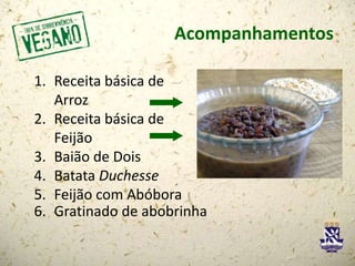 Acompanhamentos
1. Receita básica de
Arroz
2. Receita básica de
Feijão
3. Baião de Dois
4. Batata Duchesse
5. Feijão com Abóbora
6. Gratinado de abobrinha
 