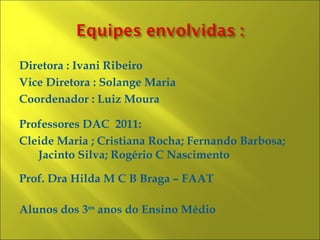 Diretora : Ivani Ribeiro
Vice Diretora : Solange Maria
Coordenador : Luiz Moura

Professores DAC 2011:
Cleide Maria ; Cristiana Rocha; Fernando Barbosa;
   Jacinto Silva; Rogério C Nascimento

Prof. Dra Hilda M C B Braga – FAAT

Alunos dos 3os anos do Ensino Médio
 