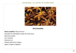 Aromaterapia... um caminho de transformação!
26
Anis Estrelado
Nome científico: Illicium Verum
Extração: Por destilação a vapor de frutas secas
Nota: de coração
Cor: Amarelo
Elemento: Ar
Planeta: Mercúrio e Júpiter
Signos: Virgem e Sagitário
 