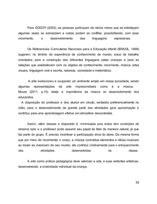 Para GODOY (2003), as pessoas participam de vários meios que se entrelaçam
algumas vezes se sobrepõem e outras podem se conflitar, possibilitando, com esse
movimento, o desenvolvimento das linguagens expressivas.
Os Referenciais Curriculares Nacionais para a Educação Infantil (BRASIL, 1998)
sugerem, no âmbito de experiência de conhecimento de mundo, eixos de trabalho
orientados para a construção das diferentes linguagens pelas crianças e para as
relações que estabelecem com os objetos de conhecimento: movimento, música, artes
visuais, linguagem oral e escrita, natureza, sociedade e matemática.
A arte evolucionou e ocupando um ambiente amplo em nossa sociedade, sendo
algumas representações da arte imprescindíveis como é a música.
Moura (2011, p.10) relata a importância da música no desenvolvimento dos
educandos.
A disposição do professor e dos alunos em círculo, sentados preferencialmente no
chão, para o desenvolvimento de grande parte das atividades gera aproximação e
contribui para uma aprendizagem efetiva em atmosfera descontraída.
Assim, além dessas a dispersão é minimizada pois todos tem condições de
observa tudo e o professor pode assumir seu papel de líder de maneira natural, já que
faz parte do grupo. É preciso incentivar a participação ativa do aluno. Da mesma forma
que por meio de movimentar o corpo, a criança concretiza elementos e idéias musicais
ao trazer as vivenciam de seu mundo, ela contribui criativamente para o enriquecimento
das atividades desenvolvidas na classe.
A arte como prática pedagógica deve valorizar a arte, e suas vertentes artísticas,
desenvolvendo a criatividade individual da criança.
30
 