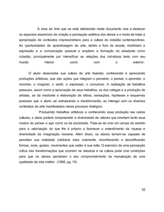 A área de Arte que se está delineando neste documento visa a destacar
os aspectos essenciais da criação e percepção estética dos alunos e o modo de tratar a
apropriação de conteúdos imprescindíveis para a cultura do cidadão contemporâneo.
As oportunidades de aprendizagem de arte, dentro e fora da escola, mobilizam a
expressão e a comunicação pessoal e ampliam a formação do estudante como
cidadão, principalmente por intensificar as relações dos indivíduos tanto com seu
mundo interior como com o exterior.
O aluno desenvolve sua cultura de arte fazendo, conhecendo e apreciando
produções artísticas, que são ações que integram o perceber, o pensar, o aprender, o
recordar, o imaginar, o sentir, o expressar, o comunicar. A realização de trabalhos
pessoais, assim como a apreciação de seus trabalhos, os dos colegas e a produção de
artistas, se dá mediante a elaboração de idéias, sensações, hipóteses e esquemas
pessoais que o aluno vai estruturando e transformando, ao interagir com os diversos
conteúdos de arte manifestados nesse processo dialógico.
Produzindo trabalhos artísticos e conhecendo essa produção nas outras
culturas, o aluno poderá compreender a diversidade de valores que orientam tanto seus
modos de pensar e agir como os da sociedade. Trata-se de criar um campo de sentido
para a valorização do que lhe é próprio e favorecer o entendimento da riqueza e
diversidade da imaginação humana. Além disso, os alunos tornam-se capazes de
perceber sua realidade cotidiana mais vivamente, reconhecendo e decodificando
formas, sons, gestos, movimentos que estão à sua volta. O exercício de uma percepção
crítica das transformações que ocorrem na natureza e na cultura pode criar condições
para que os alunos percebam o seu comprometimento na manutenção de uma
qualidade de vida melhor (1998, pg. 19)
32
 