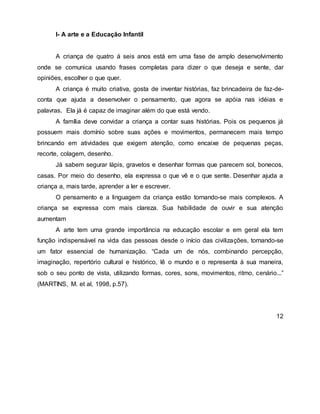I- A arte e a Educação Infantil
A criança de quatro á seis anos está em uma fase de amplo desenvolvimento
onde se comunica usando frases completas para dizer o que deseja e sente, dar
opiniões, escolher o que quer.
A criança é muito criativa, gosta de inventar histórias, faz brincadeira de faz-de-
conta que ajuda a desenvolver o pensamento, que agora se apóia nas idéias e
palavras. Ela já é capaz de imaginar além do que está vendo.
A família deve convidar a criança a contar suas histórias. Pois os pequenos já
possuem mais domínio sobre suas ações e movimentos, permanecem mais tempo
brincando em atividades que exigem atenção, como encaixe de pequenas peças,
recorte, colagem, desenho.
Já sabem segurar lápis, gravetos e desenhar formas que parecem sol, bonecos,
casas. Por meio do desenho, ela expressa o que vê e o que sente. Desenhar ajuda a
criança a, mais tarde, aprender a ler e escrever.
O pensamento e a linguagem da criança estão tornando-se mais complexos. A
criança se expressa com mais clareza. Sua habilidade de ouvir e sua atenção
aumentam
A arte tem uma grande importância na educação escolar e em geral ela tem
função indispensável na vida das pessoas desde o início das civilizações, tornando-se
um fator essencial de humanização. “Cada um de nós, combinando percepção,
imaginação, repertório cultural e histórico, lê o mundo e o representa à sua maneira,
sob o seu ponto de vista, utilizando formas, cores, sons, movimentos, ritmo, cenário...”
(MARTINS, M. et al, 1998, p.57).
12
 