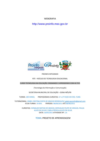 WEBGRAFIA

                    http://www.proinfo.mec.gov.br




                               PROINFO INTEGRADO

                    NTE – NÚCLEO DE TECNOLOGIA EDUCACIONAL

      CURSO TECNOLOGIA NA EDUCAÇÃO: ENSINANDO E APRENDENDO COM AS TICS

                      (Tecnologia da Informação e Comunicação)

                SECRETERIA MUNICIPAL DE EDUCAÇÃO – DONA INÊS/PB

     TURMA: 100 HORAS.     PROFISSIONAIS CURSISTAS: 1ª e 2ª FASES DO ENS. FUND.

TUTORA/EMAIL: IZABEL CRISTINA COSTA DE ARAÚJO RODRIGUES/ izabel.eproinfo@gmail.com
          ID DA TURMA: 19.834.      PERÍODO: 08/04/2011 ATÉ 08/08/2011

        CURSISTAS: IVONALDO MATIAS DE ARAÚJO, DERIVALDA FELIPE DE ARAÚJO, PAULA
                      ALVES DA SILVA E CARLA PRISCILA ALVES DA SILVA
                           DATA: 16/05/2011 ATIVIDADE Nº: 1.6


                         TEMA: PROJETO DE APRENDIZAGEM
 