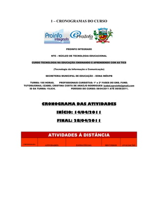 1 – CRONOGRAMAS DO CURSO




                               PROINFO INTEGRADO


                    NTE – NÚCLEO DE TECNOLOGIA EDUCACIONAL


      CURSO TECNOLOGIA NA EDUCAÇÃO: ENSINANDO E APRENDENDO COM AS TICS


                      (Tecnologia da Informação e Comunicação)


                SECRETERIA MUNICIPAL DE EDUCAÇÃO – DONA INÊS/PB


     TURMA: 100 HORAS.    PROFISSIONAIS CURSISTAS: 1ª e 2ª FASES DO ENS. FUND.
TUTORA/EMAIL: IZABEL CRISTINA COSTA DE ARAÚJO RODRIGUES/ izabel.eproinfo@gmail.com
    ID DA TURMA: 19.834.          PERÍODO DO CURSO: 08/04/2011 ATÉ 08/08/2011.




             CRONOGRAMA DAS ATIVIDADES

                        INÍCIO: 14/04/2011

                        FINAL: 28/04/2011


                  ATIVIDADES Á DISTÂNCIA

CRONOGRAMA
               ATIVIDADES              ESTRATÉGIAS               RECURSOS   AVALIAÇÃO
 