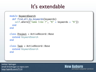 It's extendable
         module KeywordSearch
           def find_all_by_keywords(keywords)
             self.where(["name like ?", "%" + keywords + "%"])
           end
         end

         class Project < ActiveRecord::Base
           extend KeywordSearch
         end

         class Task < ActiveRecord::Base
           extend KeywordSearch
         end




twitter: bphogan
email: brianhogan at napcs.com
http://spkr8.com/t/7114
 