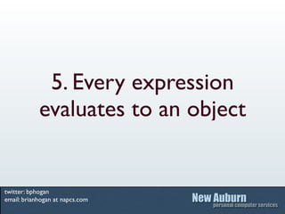 5. Every expression
            evaluates to an object


twitter: bphogan
email: brianhogan at napcs.com
 
