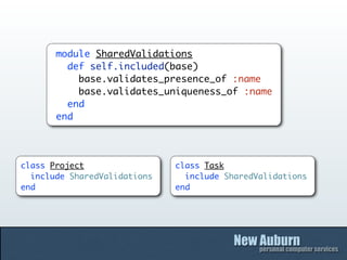 module SharedValidations
         def self.included(base)
           base.validates_presence_of :name
           base.validates_uniqueness_of :name
         end
       end




class Project                 class Task
  include SharedValidations     include SharedValidations
end                           end
 