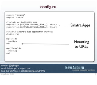 conﬁg.ru
          require 'rubygems'
          require 'sinatra'

          # include our Application code
          requ...