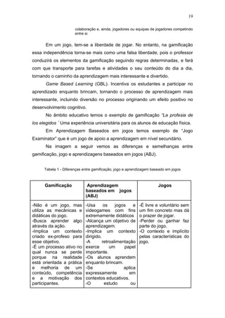19
colaboração e, ainda, jogadores ou equipas de jogadores competindo
entre si.
Em um jogo, tem-se a liberdade de jogar. No entanto, na gamificação
essa independência torna-se mais como uma falsa liberdade, pois o professor
conduzirá os elementos da gamificação seguindo regras determinadas, e fará
com que transporte para tarefas e atividades o seu conteúdo do dia a dia,
tornando o caminho da aprendizagem mais interessante e divertido.
Game Based Learning (GBL). Incentiva os estudantes a participar no
aprendizado enquanto brincam, tornando o processo de aprendizagem mais
interessante, incluindo diversão no processo originando um efeito positivo no
desenvolvimento cognitivo.
No âmbito educativo temos o exemplo de gamificação “La profesia de
los elegidos. ” Uma experiência universitária para os alunos de educação física.
Em Aprendizagem Baseados em jogos temos exemplo de “Jogo
Examinator” que é um jogo de apoio a aprendizagem em nível secundário.
Na imagem a seguir vemos as diferenças e semelhanças entre
gamificação, jogo e aprendizagens baseados em jogos (ABJ).
Tabela 1 - Diferenças entre gamificação, jogo e aprendizagem baseado em jogos
Gamificação Aprendizagem
baseados em jogos
(ABJ)
Jogos
-Não é um jogo, mas
utiliza as mecânicas e
didáticas do jogo.
-Busca aprender algo
através da ação.
-Implica um contexto
criado ex-profeso para
esse objetivo.
-É um processo ativo no
qual nunca se perde
porque na realidade
está orientada a prática
e melhoria de um
conteúdo, competência
e a motivação dos
participantes.
-Usa os jogos e
videogames com fins
extremamente didáticos
-Alcança um objetivo de
aprendizagem.
-Implica um contexto
dirigido.
-A retroalimentação
exerce um papel
importante.
-Os alunos aprendem
enquanto brincam.
-Se aplica
expressamente em
contextos educativos.
-O estudo ou
-É livre e voluntário sem
um fim concreto mas dá
o prazer de jogar.
-Perder ou ganhar faz
parte do jogo.
-O contexto e implícito
pelas características do
jogo.
 