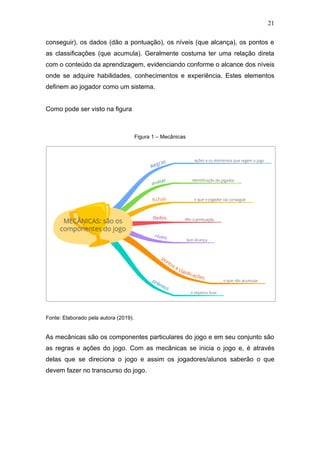 21
conseguir), os dados (dão a pontuação), os níveis (que alcança), os pontos e
as classificações (que acumula). Geralmente costuma ter uma relação direta
com o conteúdo da aprendizagem, evidenciando conforme o alcance dos níveis
onde se adquire habilidades, conhecimentos e experiência. Estes elementos
definem ao jogador como um sistema.
Como pode ser visto na figura
Figura 1 – Mecânicas
Fonte: Elaborado pela autora (2019).
As mecânicas são os componentes particulares do jogo e em seu conjunto são
as regras e ações do jogo. Com as mecânicas se inicia o jogo e, é através
delas que se direciona o jogo e assim os jogadores/alunos saberão o que
devem fazer no transcurso do jogo.
 