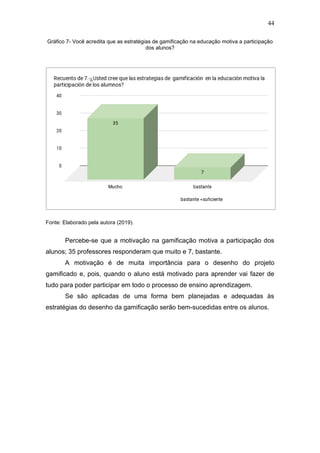 44
Gráfico 7- Você acredita que as estratégias de gamificação na educação motiva a participação
dos alunos?
Fonte: Elaborado pela autora (2019).
Percebe-se que a motivação na gamificação motiva a participação dos
alunos; 35 professores responderam que muito e 7, bastante.
A motivação é de muita importância para o desenho do projeto
gamificado e, pois, quando o aluno está motivado para aprender vai fazer de
tudo para poder participar em todo o processo de ensino aprendizagem.
Se são aplicadas de uma forma bem planejadas e adequadas às
estratégias do desenho da gamificação serão bem-sucedidas entre os alunos.
 