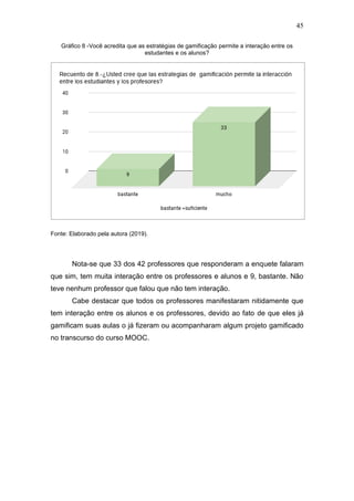 45
Gráfico 8 -Você acredita que as estratégias de gamificação permite a interação entre os
estudantes e os alunos?
Fonte: Elaborado pela autora (2019).
Nota-se que 33 dos 42 professores que responderam a enquete falaram
que sim, tem muita interação entre os professores e alunos e 9, bastante. Não
teve nenhum professor que falou que não tem interação.
Cabe destacar que todos os professores manifestaram nitidamente que
tem interação entre os alunos e os professores, devido ao fato de que eles já
gamificam suas aulas o já fizeram ou acompanharam algum projeto gamificado
no transcurso do curso MOOC.
 