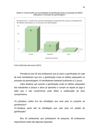 46
Gráfico 9 -Você acredita que as estratégias de gamificação ajuda na aquisição de hábitos
adequados no processo da aprendizagem?
Fonte: Elaborado pela autora (2019).
Percebe-se que 30 dos professores que já usam a gamificação em sala
de aula manifestaram que sim, a gamificação muda os hábitos adequados no
processo da aprendizagem,10 manifestaram bastante (suficiente) e 2, pouco.
Cabe destacar que quando a gamificação muda os hábitos adequados
dos estudantes é porque o aluno já aprendeu a cumprir as regras do jogo e
sabe que o não cumprimento pode afetar a colaboração de seus
companheiros.
10.-¿Explique cuáles son las estratégias que usas para un proyecto de
gamificación?
10.-Explique quais são as estratégias que usas para um projeto de
gamificação?
Dos 42 professores que participaram da pesquisa, 29 professores
responderam estas são algumas respostas:
 