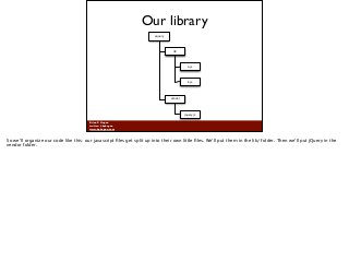 Brian P. Hogan
twitter: @bphogan
www.bphogan.com
Our library
aquery
lib
a.js
b.js
vendor
jquery.js
So we’ll organize our c...