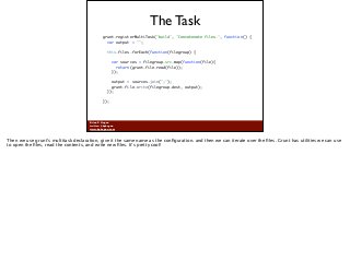 Brian P. Hogan
twitter: @bphogan
www.bphogan.com
The Task
grunt.registerMultiTask('build', 'Concatenate files.', function(...
