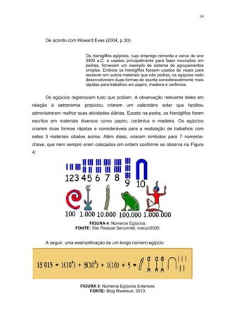 14

De acordo com Howard Eves (2004, p.30):

Os hieróglifos egípcios, cujo emprego remonta a cerca do ano
3400 a.C. e usados principalmente para fazer inscrições em
pedras, fornecem um exemplo de sistema de agrupamentos
simples. Embora os hieróglifos fossem usados às vezes para
escrever em outros materiais que não pedras, os egípcios cedo
desenvolveram duas formas de escrita consideravelmente mais
rápidas para trabalhos em papiro, madeira e cerâmica.

Os egípcios registravam tudo que podiam. A observação relevante deles em
relação à astronomia propiciou criarem um calendário solar que facilitou
administrarem melhor suas atividades diárias. Exceto na pedra, os hieróglifos foram
escritos em materiais diversos como papiro, cerâmica e madeira. Os egípcios
criaram duas formas rápidas e consideráveis para a realização de trabalhos com
estes 3 materiais citados acima. Além disso, criaram símbolos para 7 númeroschave, que nem sempre eram colocados em ordem conforme se observa na Figura
4:

FIGURA 4: Números Egípcios.
FONTE: Site Pessoal Sercomtel, março/2005.

A seguir, uma exemplificação de um longo número egípcio:

FIGURA 5: Números Egípcios Extensos.
FONTE: Blog Riwersun, 2010.

 