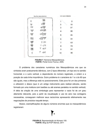 20

FIGURA 7: Números Mesopotâmicos.
FONTE: Portal Invivo Fiocruz, 2005.

O problema dos caracteres numéricos dos Mesopotâmicos era que os
símbolos eram praticamente idênticos, com 2 tipos diferentes: um tipo era no sentido
horizontal, e o outro vertical, e dependendo do número registrado, a ordem e a
posição de cada tinha importância. Outro problema é o caractere do 1 e o do 60 que
são iguais, mas a diferença está no posicionamento. Este povo foi um dos primeiros
a utilizarem o ábaco (que é um antigo instrumento para realizar cálculos, sendo
formado por uma moldura com bastões ou até arames paralelos no sentido vertical).
A idéia da criação de uma simbologia para representar o vazio foi de um grau
altamente relevante, pois a partir da visualização e uso do zero nas contagens
necessárias, conseguiam melhorar seus raciocínios apressando efetivamente nas
negociações de produtos naquele tempo.
Abaixo, exemplificações de alguns números enormes que os mesopotâmicos
registraram:

FIGURA 8: Representação do Número 100.
FONTE: Blog da Profª Alenice, 2011

 