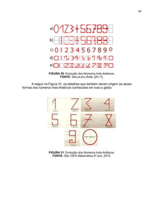 40

FIGURA 30: Evolução dos Números Indo-Arábicos.
FONTE: Site pt.enc.tfode, [20--?].

A seguir na Figura 31, os detalhes que também deram origem as atuais
formas dos números Indo-Arábicos conhecidos em todo o globo:

FIGURA 31: Evolução dos Números Indo-Arábicos.
FONTE: Site 100% Matemática 5º ano, 2010.

 
