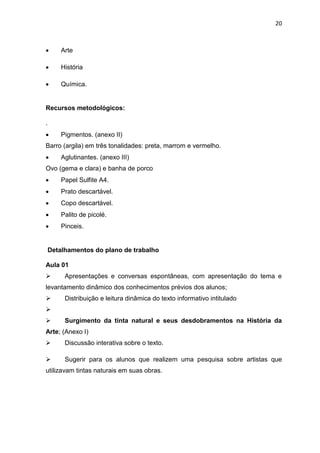 20



       Arte

       História

       Química.


Recursos metodológicos:

.
       Pigmentos. (anexo II)
Barro (argila) em três tonalidades: preta, marrom e vermelho.
       Aglutinantes. (anexo III)
Ovo (gema e clara) e banha de porco
       Papel Sulfite A4.
       Prato descartável.
       Copo descartável.
       Palito de picolé.
       Pinceis.


    Detalhamentos do plano de trabalho

Aula 01
        Apresentações e conversas espontâneas, com apresentação do tema e
levantamento dinâmico dos conhecimentos prévios dos alunos;
        Distribuição e leitura dinâmica do texto informativo intitulado

        Surgimento da tinta natural e seus desdobramentos na História da
Arte; (Anexo I)
        Discussão interativa sobre o texto.

        Sugerir para os alunos que realizem uma pesquisa sobre artistas que
utilizavam tintas naturais em suas obras.
 