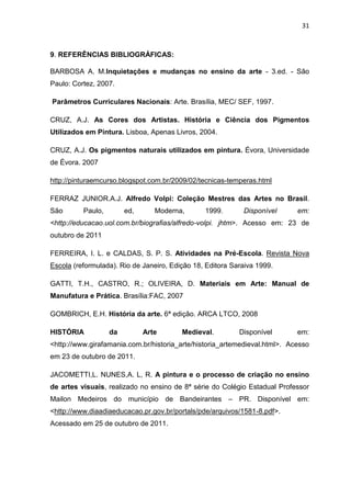 31



9. REFERÊNCIAS BIBLIOGRÁFICAS:

BARBOSA A. M.Inquietações e mudanças no ensino da arte - 3.ed. - São
Paulo: Cortez, 2007.

Parâmetros Curriculares Nacionais: Arte. Brasília, MEC/ SEF, 1997.

CRUZ, A.J. As Cores dos Artistas. História e Ciência dos Pigmentos
Utilizados em Pintura. Lisboa, Apenas Livros, 2004.

CRUZ, A.J. Os pigmentos naturais utilizados em pintura. Évora, Universidade
de Évora. 2007

http://pinturaemcurso.blogspot.com.br/2009/02/tecnicas-temperas.html

FERRAZ JUNIOR.A.J. Alfredo Volpi: Coleção Mestres das Artes no Brasil.
São       Paulo,        ed,      Moderna,       1999.       Disponível      em:
<http://educacao.uol.com.br/biografias/alfredo-volpi. jhtm>. Acesso em: 23 de
outubro de 2011

FERREIRA, I. L. e CALDAS, S. P. S. Atividades na Pré-Escola. Revista Nova
Escola (reformulada). Rio de Janeiro, Edição 18, Editora Saraiva 1999.

GATTI, T.H., CASTRO, R.; OLIVEIRA, D. Materiais em Arte: Manual de
Manufatura e Prática. Brasília:FAC, 2007

GOMBRICH, E.H. História da arte. 6ª edição. ARCA LTCO, 2008

HISTÓRIA           da         Arte       Medieval.         Disponível       em:
<http://www.girafamania.com.br/historia_arte/historia_artemedieval.html>. Acesso
em 23 de outubro de 2011.

JACOMETTI,L. NUNES,A. L, R. A pintura e o processo de criação no ensino
de artes visuais, realizado no ensino de 8ª série do Colégio Estadual Professor
Mailon Medeiros do município de Bandeirantes – PR. Disponível em:
<http://www.diaadiaeducacao.pr.gov.br/portals/pde/arquivos/1581-8.pdf>.
Acessado em 25 de outubro de 2011.
 