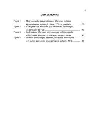 LISTA DE FIGURAS
Figura 1 - Representação esquemática dos diferentes métodos
de estudo para elaboração de um TCC de qualidade................. 38
Figura 2 - Fluxograma de atividades que auxiliam na organização
da condução do TCC................................................................... 40
Figura 3 - Ilustração de diferentes expressões de tristeza quando
o TCC não é atividade prioritária em ano de colação................. 48
Figura 4 - Nível de preocupação, estresse, ansiedade e desespero
em alunos que não se organizam para realizar o TCC............... 60
vii
 