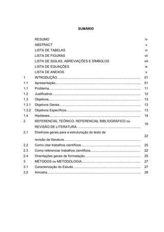 SUMÁRIO
RESUMO iv
ABSTRACT v
LISTA DE TABELAS vi
LISTA DE FIGURAS vii
LISTA DE SIGLAS, ABREVIAÇÕES E SÍMBOLOS viii
LISTA DE EQUAÇÕES ix
LISTA DE ANEXOS x
1 INTRODUÇÃO........................................................................................... 01
1.1 Apresentação............................................................................................. 01
1.1 Problema.................................................................................................... 11
1.2 Justificativa................................................................................................. 12
1.3 Objetivos.................................................................................................... 13
1.3.1 Objetivos Gerais......................................................................................... 13
1.3.2 Objetivos Específicos................................................................................. 13
1.4 Hipóteses................................................................................................... 14
2 REFERENCIAL TEÓRICO, REFERENCIAL BIBLIOGRÁFICO ou
REVISÃO DE LITERATURA......................................................................
16
2.1 Diretrizes gerais para a estruturação do texto de
revisão de literatura....................................................................................
22
2.2 Como citar trabalhos científicos................................................................. 25
2.3 Como referenciar trabalhos científicos...................................................... 22
2.4 Orientações gerais de formatação............................................................. 25
3 MÉTODOS ou METODOLOGIA................................................................ 27
3.1 Caracterização do Estudo.......................................................................... 27
3.2 Amostra...................................................................................................... 28
 