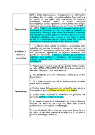 Basquetebol
2005). Estas representações armazenariam as informações
invariáveis (tempo relativo, velocidade relativa, força relativa e
as seqüências das ações) que caracterizam as diferentes
habilidades motoras. Assim, a mesma habilidade
desempenhada deveria apresentar uma invariância nos tempos
relativos e na seqüência das ações no movimento (SHAPIRO et
al., 1986). Todavia, tal característica invariável ainda não foi
explorada no arremesso tipo jump em atletas experientes no
basquetebol. Diferenças entre estas características invariantes
entre atletas experientes poderiam auxiliar na compreensão das
estratégias utilizadas para controlar o arremesso e, ainda,
auxiliar a compreender porque existem diferentes níveis de
eficácia entre atletas experientes (OKAZAKI et al., 2004).
Parágrafo 3:
Objetivo e
Implicações
O objetivo deste estudo foi analisar a variabilidade inter-
individual na estrutura temporal do arremesso tipo jump no
basquetebol. Como o tempo relativo e a ordem em que as ações
são organizadas representam os aspectos invariáveis num
padrão de movimento, a estrutura temporal poderá fornecer
subsídios para analisar a variabilidade nas estratégias de
controle adotadas para desempenhar o arremesso no
basquetebol.
Comentários
1. Repare que em todo o texto há uma direção linear seguida,
ou seja, GERAL-PARA-ESPECÍFICO. Cada frase possui um
elemento de ligação com a frase seguinte.
2. Os parágrafos possuem mensagens claras para serem
transmitidas.
3. Cada frase transmite uma única idéia/informação, permitido
maior fluência no texto.
4. Existem frases de ligação entre os parágrafos para manter a
linearidade no texto (confira os textos em cor amarelo)
5. Existe frases apontado e justificado um problema de
pesquisa (confira os textos em cor azul).
6. A própria introdução é referenciada (apresenta diversas
citações de estudos) ao longo do texto que fornece
fundamentação teórica para sua realização.
7. Uma introdução não precisa ser longa para transmitir um
problema de pesquisa, apresentar os objetivos do trabalho e
justificar a realização do estudo.
8
 