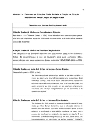 Quadro 1 – Exemplos de Citações Direta, Indireta e Citação de Citação,
nos formatos Autor-Citação e Citação-Autor.
Exemplos das formas de citações em texto
Citação Direta até 3 linhas no formato Autor-Citação:
De acordo com Teixeira (2006, p. 298) “Lateralidade é um conceito abrangente,
que envolve diferentes aspectos dos seres vivos relativos aos hemisférios direito e
esquerdo do corpo”.
Citação Direta até 3 linhas no formato Citação-Autor:
“As citações são os elementos retirados dos documentos pesquisados durante a
leitura da documentação e que se revelaram úteis para corroborar idéias
desenvolvidas pelo autor no decorrer do seu raciocínio” (SEVERINO, 2000, p.106).
Citação Direta com mais de 3 linhas no formato Autor-Citação:
Segundo Izquierdo (2002, p. 60):
“As memórias extintas permanecem latentes e não são evocadas, a
menos que ocorra uma circunstância especial: uma apresentação do(s)
estímulo(s) usado(s) para adquiri-las de uma forma muito precisa e/ou
com uma intensidade muito aumentada; uma ‘dica’ muito apropriada; um
quadro emocional que imite o quadro em que elas foram originalmente
adquiridas; uma situação comportamental que se assemelhe à do
aprendizado original.”
Citação Direta com mais de 3 linhas no formato Citação-Autor:
“Os cientistas têm vindo a medir as ondas cerebrais há mais de 50 anos,
desde que Hans Berger demonstrou que a actividade eléctrica do
cérebro podia ser medida colocando material condutor sobre o couro
cabeludo e amplificando o sinal elétrico resultante, de modo que a
pudesse ser escrito por um dispositivo de registro com agulha. O seu
instrumento, o electroencefalógrafo (EEG), tem sido, desde então, um
instrumento-padrão no diagnóstico de lesões cerebrais” (POSNER;
19
 