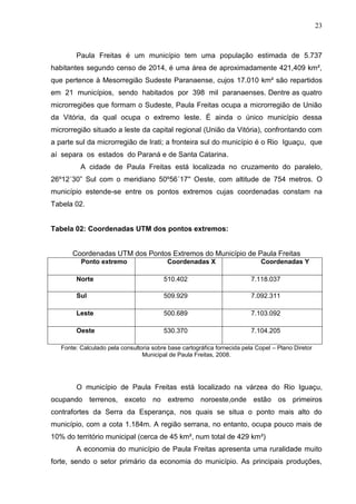 23
Paula Freitas é um município tem uma população estimada de 5.737
habitantes segundo censo de 2014, é uma área de aproximadamente 421,409 km²,
que pertence à Mesorregião Sudeste Paranaense, cujos 17.010 km² são repartidos
em 21 municípios, sendo habitados por 398 mil paranaenses. Dentre as quatro
microrregiões que formam o Sudeste, Paula Freitas ocupa a microrregião de União
da Vitória, da qual ocupa o extremo leste. É ainda o único município dessa
microrregião situado a leste da capital regional (União da Vitória), confrontando com
a parte sul da microrregião de Irati; a fronteira sul do município é o Rio Iguaçu, que
aí separa os estados do Paraná e de Santa Catarina.
A cidade de Paula Freitas está localizada no cruzamento do paralelo,
26º12´30” Sul com o meridiano 50º56´17'' Oeste, com altitude de 754 metros. O
município estende-se entre os pontos extremos cujas coordenadas constam na
Tabela 02.
Tabela 02: Coordenadas UTM dos pontos extremos:
Coordenadas UTM dos Pontos Extremos do Município de Paula Freitas
Ponto extremo Coordenadas X Coordenadas Y
Norte 510.402 7.118.037
Sul 509.929 7.092.311
Leste 500.689 7.103.092
Oeste 530.370 7.104.205
Fonte: Calculado pela consultoria sobre base cartográfica fornecida pela Copel – Plano Diretor
Municipal de Paula Freitas, 2008.
O município de Paula Freitas está localizado na várzea do Rio Iguaçu,
ocupando terrenos, exceto no extremo noroeste,onde estão os primeiros
contrafortes da Serra da Esperança, nos quais se situa o ponto mais alto do
município, com a cota 1.184m. A região serrana, no entanto, ocupa pouco mais de
10% do território municipal (cerca de 45 km², num total de 429 km²)
A economia do município de Paula Freitas apresenta uma ruralidade muito
forte, sendo o setor primário da economia do município. As principais produções,
 