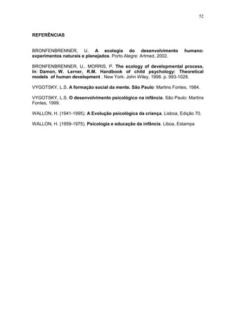 52
REFERÊNCIAS
BRONFENBRENNER, U. A ecologia do desenvolvimento humano:
experimentos naturais e planejados. Porto Alegre: Artmed, 2002.
BRONFENBRENNER, U., MORRIS, P. The ecology of developmental process.
In: Damon, W. Lerner, R.M. Handbook of child psychology: Theoretical
models of human development . New York: John Wiley, 1998. p. 993-1028.
VYGOTSKY, L.S. A formação social da mente. São Paulo: Martins Fontes, 1984.
VYGOTSKY, L.S. O desenvolvimento psicológico na infância. São Paulo: Martins
Fontes, 1999.
WALLON, H. (1941-1995). A Evolução psicológica da criança. Lisboa, Edição 70.
WALLON, H. (1959-1975). Psicologia e educação da infância. Liboa, Estampa
 