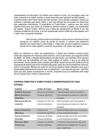 precariedade da educação, da miséria que cresce no país, da corrupção cada vez 
mais presente e se calam quanto a esses assuntos para apreciar as festividades. 
O governantes visam fazer obras que são visíveis, como pontes, estradas, coisas que 
chamem a atenção para atrair votos, e com isso deixam de se investir em obras que 
são realmente importantes. O presidente do Trata Brasil – instituto que tem como 
objetivo fazer com que todos os brasileiros tenham acesso à coleta e ao tratamento 
de esgoto - Édson Carlos, afirmou que a falta de saneamento no Brasil é um dos 
maiores problemas da Copa, e ao ser questionado sobre a falta de preocupação com 
o setor, deu a seguinte resposta: 
“Sem dúvida, porque enterrar tubulação é muito menos charmoso do que 
inaugurar um viaduto, posto de saúde ou escola, e colocar uma plaquinha 
dizendo que ficará para a eternidade [...] Mas não dá para imaginar a pessoa 
saindo de um belo estádio e pisando na primeira vala negra de esgoto”. 
Além da carência no setor de saneamento, o Brasil tem também muitas outras 
carências urgentes em diversos outros setores, como o da saúde, que segundo dados 
do IBGE, em 2005, a Região Metropolitana de São Paulo, por exemplo, tinha apenas 
0,7 leitos por mil habitantes em sua rede pública de saúde, o que é um absurdo 
lamentável. Ainda usando dados obtidos pelo IBGE, sabemos que em 2009 43,2% da 
população Brasileira não tinha moradia adequada, além de outros problemas crônicos, 
como a educação. Bilhões de reais em recursos públicos serão utilizados para que o 
Brasil esteja totalmente de acordo com as exigências – que não são poucas – da FIFA, 
para que país possa impressionar o mundo, enquanto que sua realidade está longe 
de ser usada como “vitrine” internacional. 
CONFIRA COMO ERA E COMO FICARÁ A ADMINISTRAÇÃO DE CADA 
ESTÁDIO 
Estádio Antes da Copa Após a Copa 
Estádio Nacional 
Governo do Distrito 
Mané Garrincha 
Federal (pública) 
(Brasília) 
Administração será concedida a 
uma empresa privada por meio de 
licitação. 
Maracanã (Rio de 
Janeiro) 
Governo do Rio de 
Janeiro (pública) 
Administração será concedida a 
uma empresa privada por meio de 
licitação 
Arena Amazônia 
(Manaus) 
Governo do 
Amazonas (pública) 
Administração deve ser concedida 
a uma empresa privada 
Arena Pantanal 
(Cuiabá) 
Governo do Mato 
Grosso (pública) 
Administração deve ser concedida 
a uma empresa privada 
Mineirão (Belo 
Horizonte) 
Governo de Minas 
Gerais (pública) 
Consórcio responsável pela obra 
administrará estádio por 25 anos 
após reabertura 
 