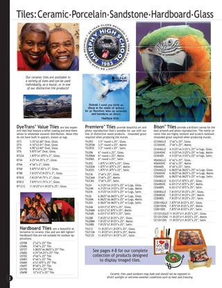 Tiles:Ceramic.Porcelain.Sandstone.Hardboard.Glass




             Our ceramic tiles are available in
             a variety of sizes and can be used
             individually, as a mural, or in one
              of our distinctive tile products!




    DyeTrans™ Value Tiles are less expen-                     Premiere™ Tiles provide beautiful art and                Bison Tiles
                                                                                                                                ™           provide a brilliant canvas for the
    sive tiles that feature a softer coating and lend them-   photo reproduction that’s suitable for use with our      best artwork and photo reproduction. The matte ce-
    selves to wholesale souvenir distribution. Value tiles    line of distinctive wood products. Unsanded grout        ramic tiles are highly resilient and scratch resistant.
    do not have built-in spacers, known as lugs.              required when producing tile murals.                     Unsanded grout required when producing murals.
    OT3          3.35”x2.60” Oval, Gloss.                     TILER3      3.5” round x.25”, Gloss.                     CE3X6GLO 3”x6”x.25”, Gloss.
    OT4          4.10”x3.01” Oval, Gloss.                     TILER3M 3.5” round x.25”, Matte.                         CE3X6SHC 3”x6”x.25”, Matte.
    OT5          4.90”x3.60” Oval, Gloss.                     TILER3S 3.5” round x.25”, Satin.                         CE4X4GLO 4.3125”x4.3125”x.25” w/lugs, Gloss.
    OT6          5.875”x4” Oval, Gloss.                       TILER6      6” round x.25”, Gloss.                       CE4X4SHC 4.3125”x4.3125”x.25” w/lugs, Matte.
    BT22A        1.875”x1.875”x.2”, Gloss.                    TILER6M 6” round x.25”, Matte.                           CE4X4DS       4.3125”x4.3125”x.25” w/lugs, Satin.
    BT44         4.25”x4.25”x.2”, Gloss.                      TILER6S 6” round x.25”, Satin.                           NS6X6GLO 6”x6”x.25”, Gloss.
    BT66         6”x6”x.2”, Gloss.                            TILE02      1.875”x1.875”x.25”, Gloss.                   NS6X6SHC 6”x6”x.25”, Matte.
                                                              TILE02M 1.875”x1.875”x.25”, Matte.                       NS6X6DS       6”x6”x.25”, Satin.
    BT68        5.875”x7.83”x.3”, Gloss.                      TILE02S 1.875”x1.875”x.25”, Satin.                       CE6X6GLO 6.0625”x6.0625”x.25” w/Lugs, Gloss.
    BT88        7.8125”x7.8125”x.3”, Gloss.                   TILE36      3”x6”x.25”, Gloss.                           CE6X6SHC 6.0625”x6.0625”x.25” w/Lugs, Matte.
    BT810       7.8125”x9.75”x.3”, Gloss.                     TILE36M 3”x6”x.25”, Matte.                               CE6X6DS       6.0625”x6.0625”x.25” w/Lugs, Satin.
    BT812       7.875”x11.75”x.3”, Gloss.                     TILE36S 3”x6”x.25”, Satin.                               CE6X8GLO 6.0313”x7.875”x.25”, Gloss.
                                                              TILE4       4.3125”x4.3125”x.25” w/Lugs, Gloss.          CE6X8SHC 6.0313”x7.875”x.25”, Matte.
    BT1212      11.8125”x11.8125”x.25”, Gloss.                                                                         CE6X8DS       6.0313”x7.875”x.25”, Satin.
                                                              TILE4M      4.3125”x4.3125”x.25” w/Lugs, Matte.
                                                              TILE4S      4.3125”x4.3125”x.25” w/Lugs, Satin.          CE8X8GLO 7.8125”x7.8125”x.25”, Gloss.
                                                              TILE6       6.0625”x6.0625”x.25” w/Lugs, Gloss.          CE8X8SHC 7.8125”x7.8125”x.25”, Matte.
                                                              TILE6M      6.0625”x6.0625”x.25” w/Lugs, Matte.          CE8X8DS       7.8125”x7.8125”x.25”, Satin.
                                                              TILE6S      6.0625”x6.0625”x.25” w/Lugs, Satin.          CE8X10GLO 7.875”x9.8125”x.25”, Gloss.
                                                              TILE68      6.0313”x7.875”x.25”, Gloss.                  CE8X10SHC 7.875”x9.8125”x.25”, Matte.
                                                              TILE68M 6.0313”x7.875”x.25”, Matte.                      CE8X10DS 7.875”x9.8125”x.25”, Satin.
                                                              TILE68S 6.0313”x7.875”x.25”, Satin.                      CE12X12GLO 11.8125”x11.8125”x.25”, Gloss.
                                                              TILE88      7.8125”x7.8125”x.25”, Gloss.                 CE12X12SHC 11.8125”x11.8125”x.25”, Matte.
                                                              TILE88M 7.8125”x7.8125”x.25”, Matte.                     CE12X12DS 11.8125”x11.8125”x.25”, Satin.
                                                              TILE88S 7.8125”x7.8125”x.25”, Satin.
      Hardboard Tiles              are a beautiful al-        TILE12      11.8125”x11.8125”x.25”, Gloss.
      ternative to ceramic tiles and are 66% lighter!         TILE12M 11.8125”x11.8125”x.25”, Matte.
      Hardboard tiles are not suitable for outdoor ap-        TILE12S 11.8125”x11.8125”x.25”, Satin.
      plications.
      U5708       2”x2”x.25” Tile.
      U5686       3”x6”x.25” Tile.
      U5727       3.0625”x6.0625”x.25” Tile.
      U5682       4.25”x4.25”x.25” Tile.
                                                                    See pages 4-8 for our complete
      U5702       4”x6”x.25” Tile.                                  collection of products designed
      U5683       6”x6”x.25” Tile.                                      to display imaged tiles.
      U5684       6”x7.875”x.25” Tile.
      U5697       8”x8”x.25” Tile.
      U5750       8”x10”x.25” Tile.
      U5698       12”x12”x.25” Tile.
                                                                                   Ceramic tiles used outdoors may fade and should not be exposed to
2                                                                               direct sunlight or extreme weather conditions such as heat and freezing.
 