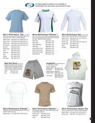 All Vapor Apparel products are available in
                                                                  fashionable cuts and colors and are built to last.




Micro Performance Tees                        are short     Micro Performance Phenom™ of-                               Micro Performance Tees                   are 5 oz. long
sleeve t-shirts made with a revolutionary light 5.0 oz.     fers a 4.9 ounce fabric with a physique-flattering          sleeve t-shirts made from 100% micro-fiber polyester.
micro-fiber fabric. 100% micro-fiber polyester.             look, vertical piping, and bird’s eye mesh vents down       Brighter White 4269-Adult XS-3XL; 8213-Youth S-XL.
Brighter White 4446-Adult XS-3XL; 8268-Youth S-XL.          the sides. 100% micro-fiber polyester.
                                                                                                                        Mercury Silver 4258-Adult XS-3XL.
Mercury Silver 4435-Adult XS-3XL; 8257-Youth S-L.           White/Red                   4966-Adult S-3XL.
                                                                                                                        Athletic Gray     4261-Adult XS-3XL; 8211-Youth S-XL.
Athletic Gray 4469-Adult XS-3XL; 8255-Youth S-XL.           White/Black                 4977-Adult S-3XL.
                                                                                                                        Blue Sky Blue 4077-Adult XS-3XL.
Blue Sky Blue 4413-Adult XS-3XL; 8246-Youth S-XL.           White/Royal Blue            4991-Adult S-3XL.
                                                                                                                        Hydro             4265-Adult XS-3XL.
Mars Red         4424-Adult XS-3XL.                         White/Navy                  4988-Adult S-3XL.
                                                                                                                        Mars Red          4078-Adult XS-3XL.
Blacker Black 4402-Adult XS-3XL.                            White/Athletic Gray         4999-Adult S-3XL.
Hydro            4901-Adult XS-3XL.                         White/Forest Green          4984-Adult S-3XL.
Vegas Gold       4404-Adult XS-3XL.                         White/Burnt Orange          4062-Adult S-3XL.
Navy             4033-Adult XS-3XL.                         White/Maroon                4012-Adult S-3XL.
Orange           4051-Adult XS-3XL.
Kelly Green      4066-Adult XS-3XL.



  Mesh Knit Shorts             are full cut                                             Sweatshirts         are made from a 10
  basketball style shorts with interwoven                                               oz. 100% polyester fabric.
  moisture wicking technology. Features a                                               Pullover Sweatshirt
  covered elastic waistband with draw-                                                  Brighter White 4601-Adult S-3XL.
  string and double-needle bottom hem.                                                  Ash Heather       4690-Adult XS-3XL.
  White        3100-Adult S-2XL.                                                        Hoodie Pullover Sweatshirt
  Gray         3111-Adult S-2XL.                                                        Brighter White 4579-Adult S-3XL.
                                                                                                          8291-Youth S-XL.
                                                                                        Ash Heather       4568-Adult XS-3XL.
                                                                                                          8280-Youth S-XL.




Micro Performance Defender                           ™ is   Micro Performance Repreve™                        is a      Micro Performance Muscle Tees
a beautiful and functional compression shirt for the true   short sleeved, raglan cut t-shirt with excellent mois-      are 5 oz. sleeveless shirts. 100% micro-fiber polyester.
athlete. 93% Poly, 7% Lycra.                                ture wicking properties.                                    Brighter White 4391-Adult XS-3XL; 8235-Youth S-L.
Brighter White 4333-Adult XS-3XL; 8222-Youth S-L.           Athletic Gray 4016-Adult XS-3XL.                            Mercury Silver 4380-Adult S-3XL; 8224-Youth S-L.
                                                            Vegas Gold       4004-Adult XS-3XL.
                                                            Hydro            4006-Adult XS-3XL.
                                                                                                                                                                                   37
 