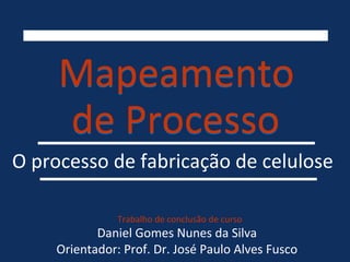 MapeamentoMapeamento
de Processode Processo
Daniel Gomes Nunes da Silva
Orientador: Prof. Dr. José Paulo Alves Fusco
Trabalho de conclusão de curso
O processo de fabricação de celulose
 
